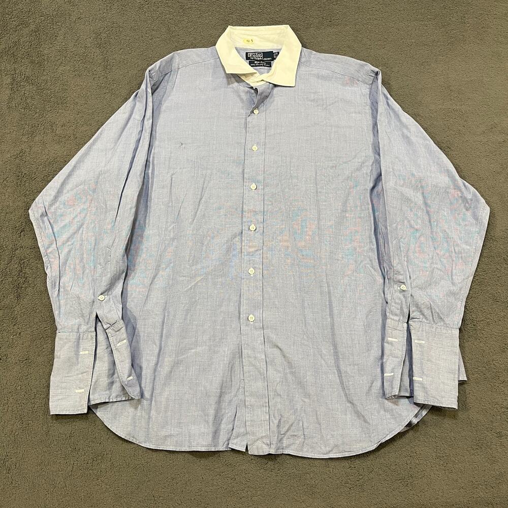 Polo Ralph Lauren White Blue French Cuffs Button Placket Shirt Men's Size 17.5
